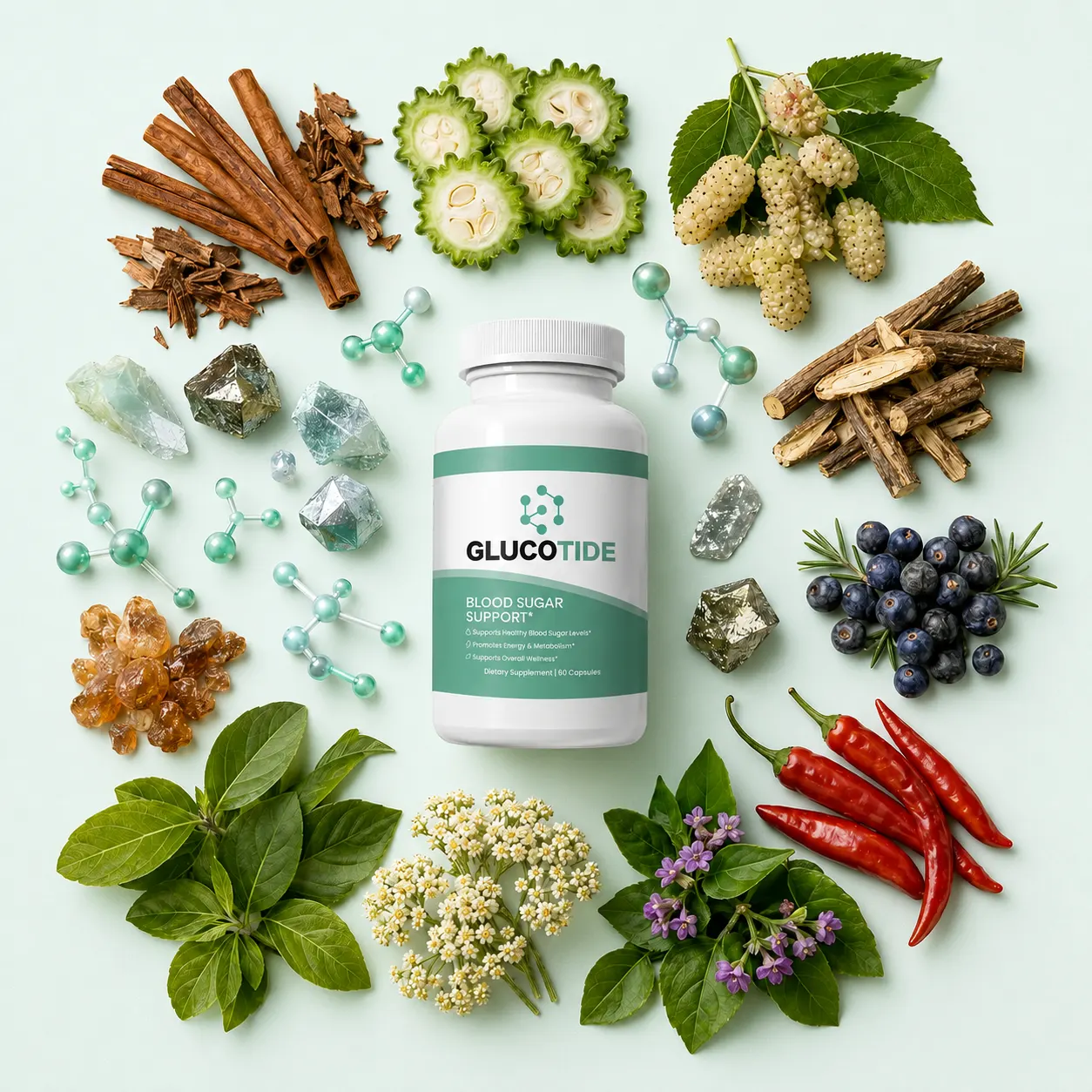 GlucoTide surrounded by its natural ingredients — cinnamon, bitter melon, mulberry leaf, licorice root, juniper berry